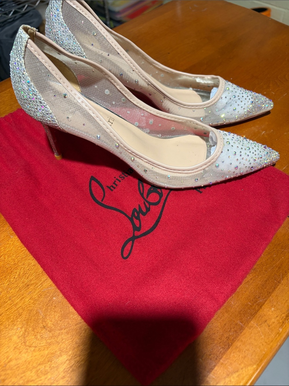 Christian Louboutin Nude Mesh Crystal Pointed Toe Pumps